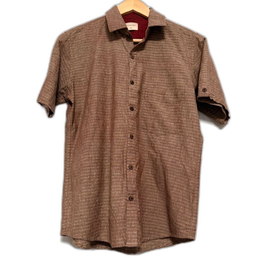 Jaypore Men's 38 Brown Textured Stripe 100% Cotton Button Up Artisan Earthy Boho
